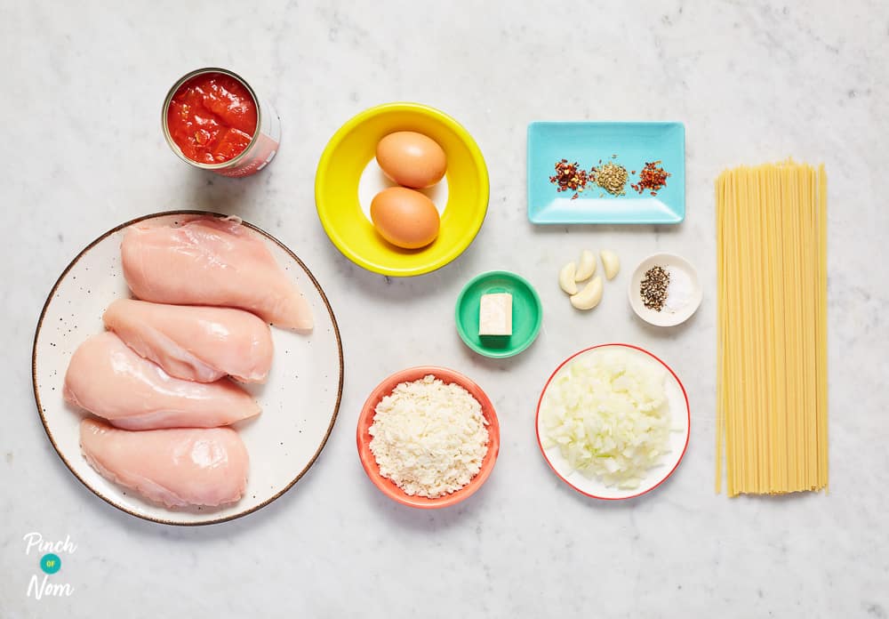 Chicken Milanese with Spaghetti Pomodoro - Pinch of Nom Slimming Recipes