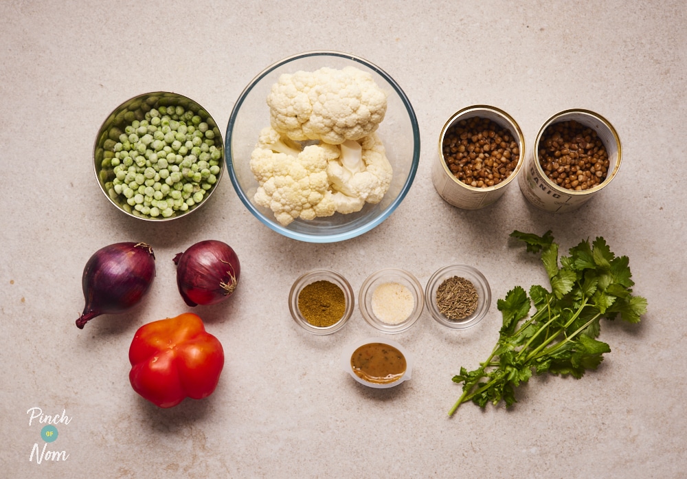 Ingredients for Lentil Curry laid out on counter.