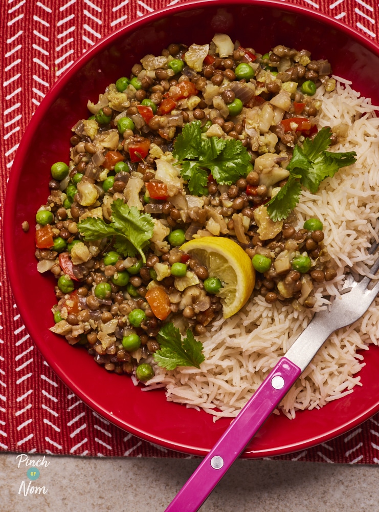 Pinch of Nom Lentil Curry, served in a bowl with basmati rice.