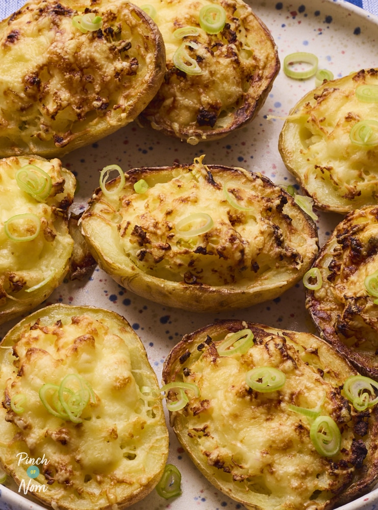 Pinch of Nom Loaded Potato Skins, freshly baked and ready for serving.