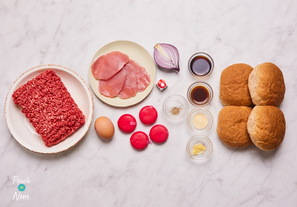 The ingredients for Pinch of Nom's Melt-in-the-Middle Bacon Cheeseburgers are laid out on a kitchen surface, measured and ready to begin cooking.