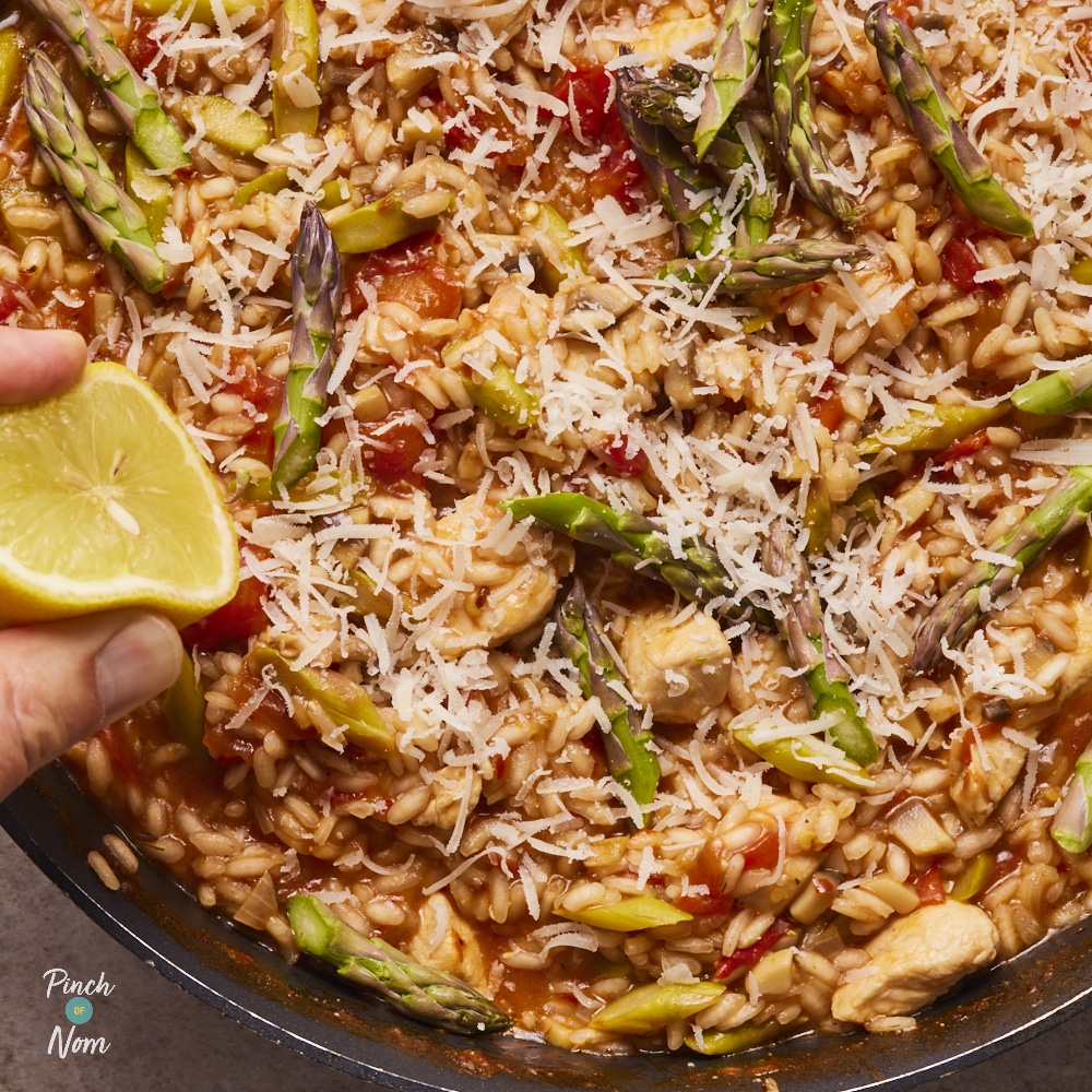 Pinch of Nom Spicy Tomato, Chicken and Asparagus Risotto, drizzled with lemon juice ahead of serving.