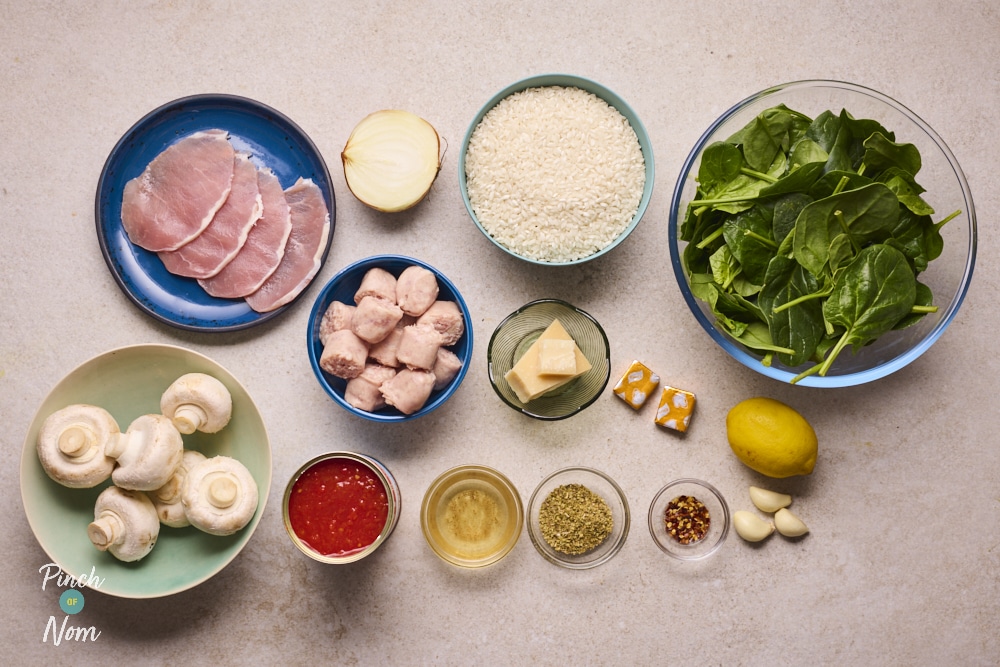 Ingredients for Pinch of Nom Tomato, Bacon, Sausage and Mushroom Risotto laid out on counter.