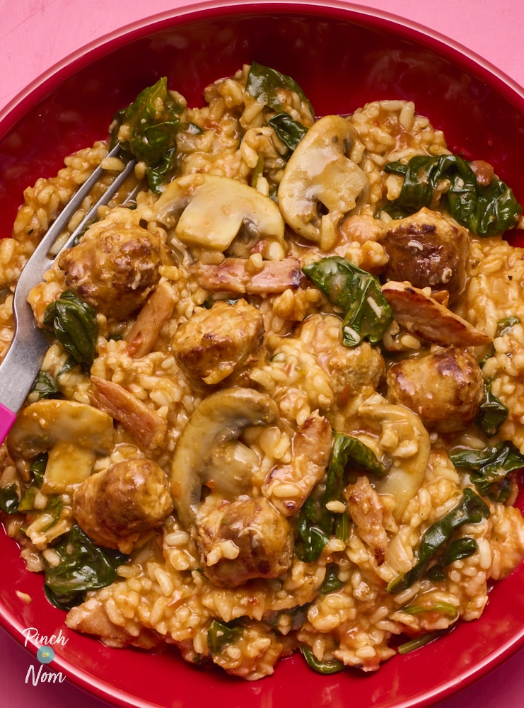 Pinch of Nom Tomato, Bacon, Sausage, and Mushroom Risotto.