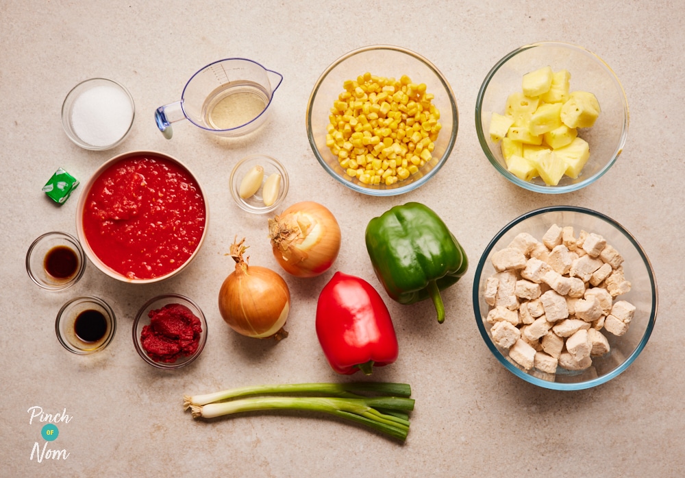 Ingredients for Vegetarian Sweet and Sour laid out on counter.