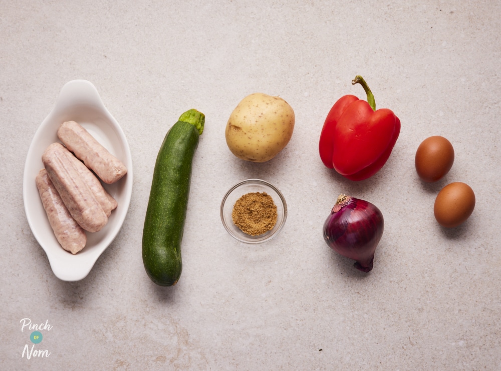 Ingredients for Pinch of Nom Sausage Hash laid out on counter.