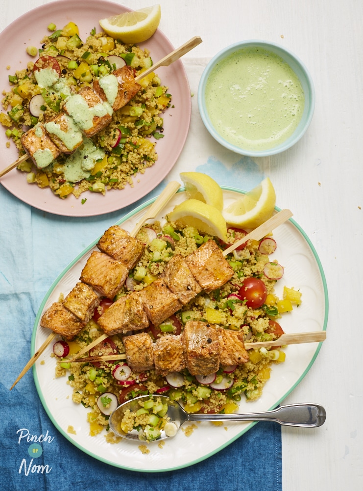 Moroccan Salmon Skewers with Cous Cous - Pinch of Nom Slimming Recipes