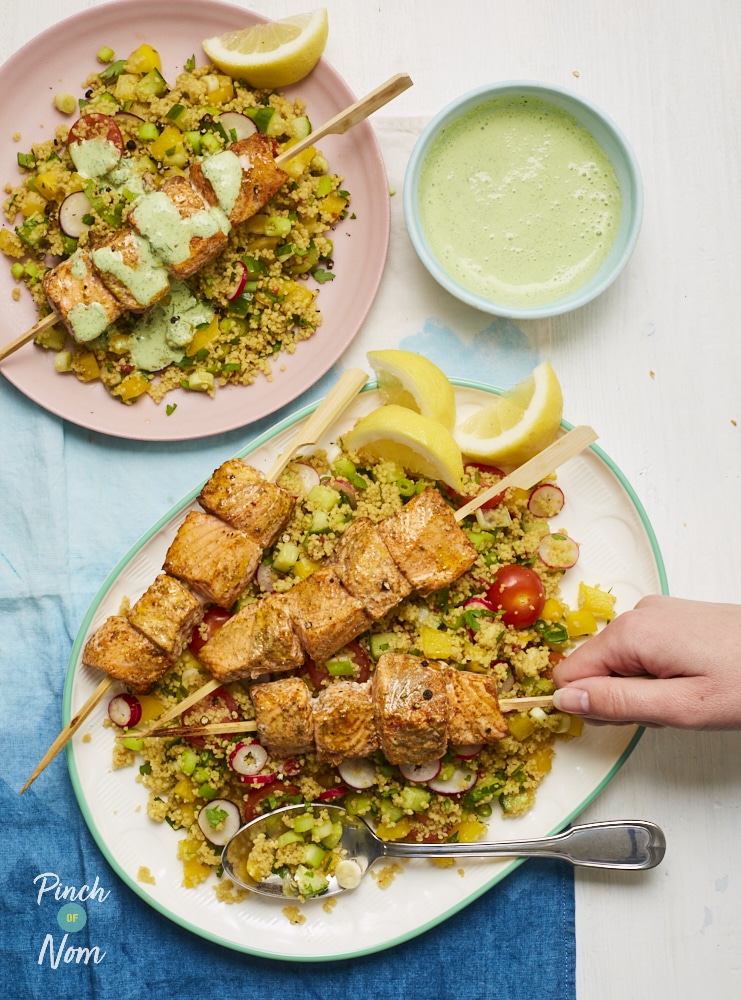 Moroccan Salmon Skewers with Cous Cous - Pinch of Nom Slimming Recipes
