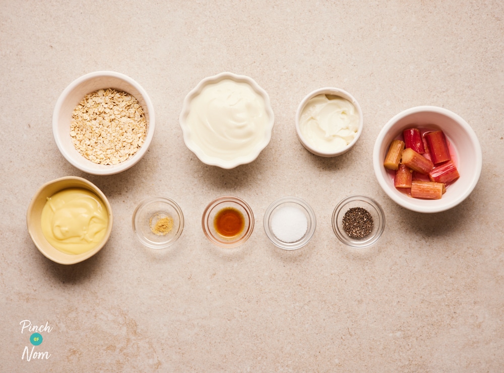 Ingredients for Pinch of Nom Rhubarb and Custard Overnight Oats, laid out on counter.