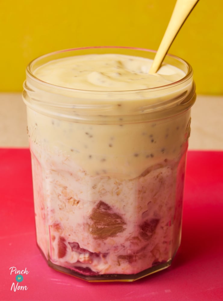 Pinch of Nom Rhubarb and Custard Overnight Oats, all prepped and ready in a jam jar.