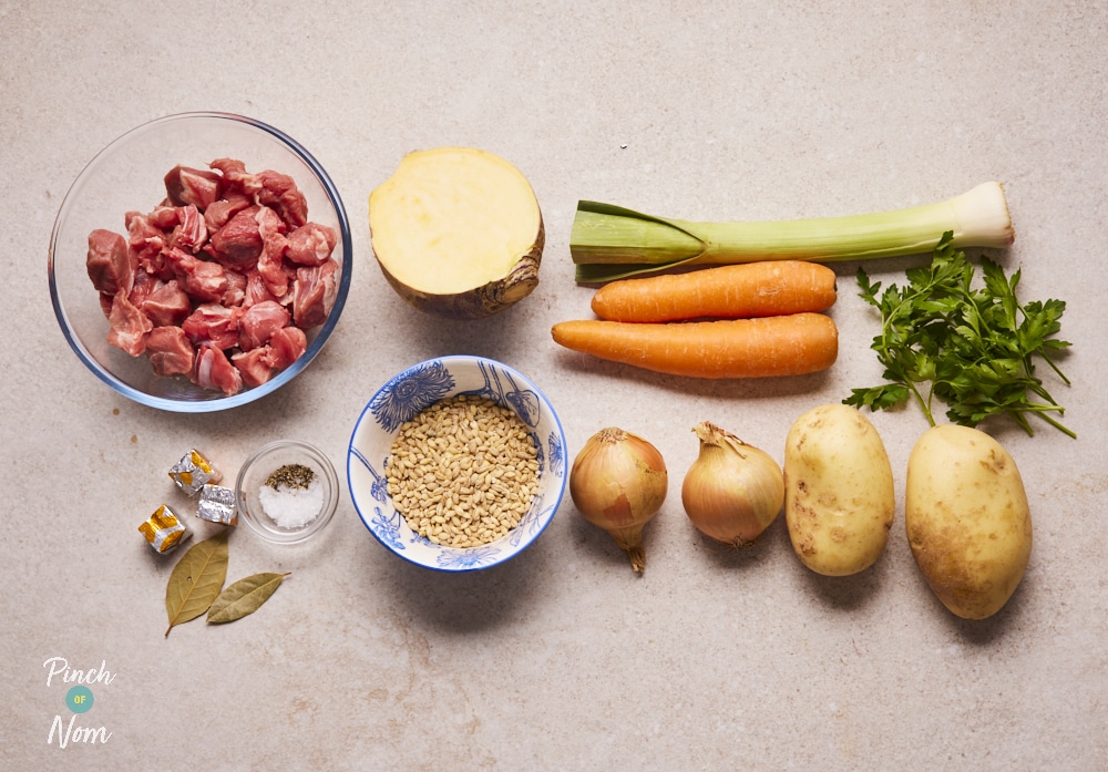 Ingredients for Scotch Broth laid out on counter.