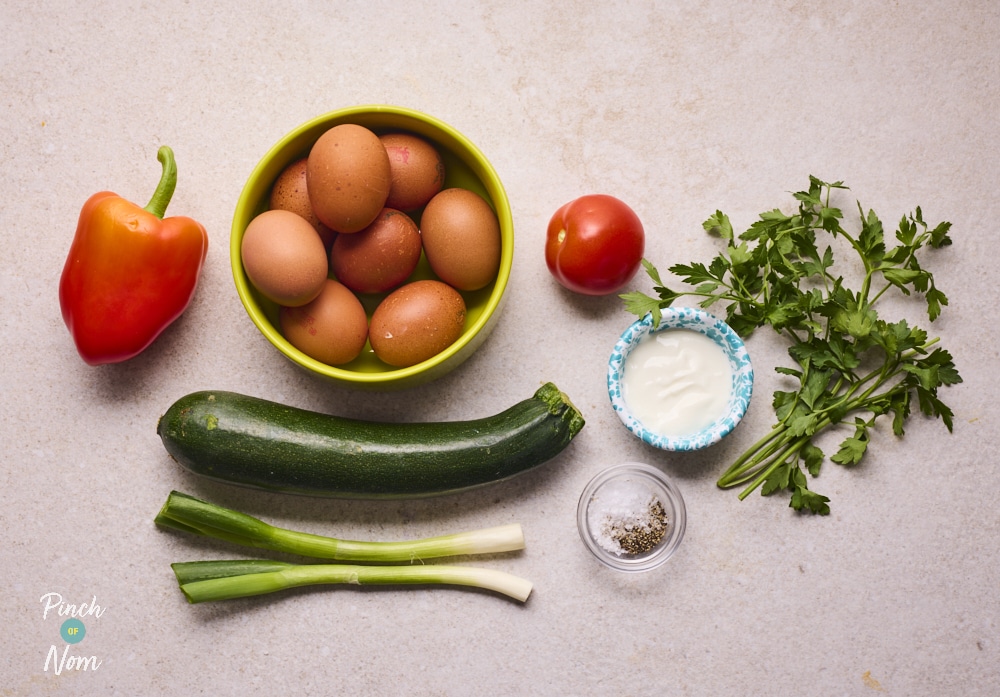 Ingredients for Pinch of Nom Summer Vegetable Quiche laid out on counter.