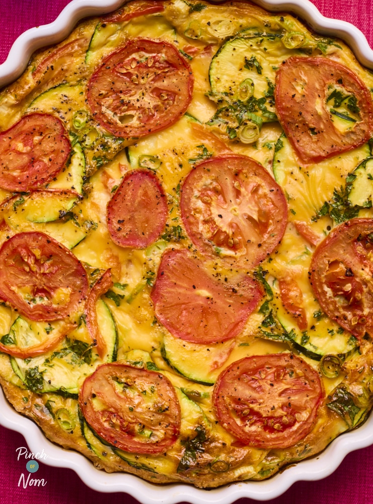 Pinch of Nom Summer Vegetable Quiche, freshly baked and ready for serving.