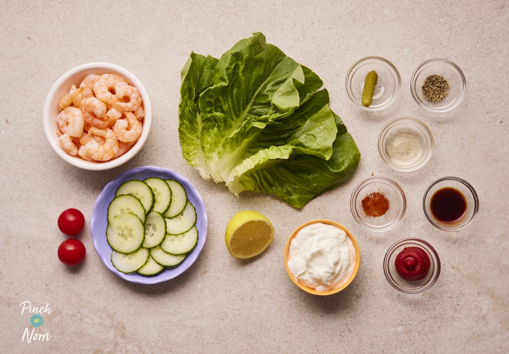 Ingredients for Prawn Cocktail, laid out on counter.