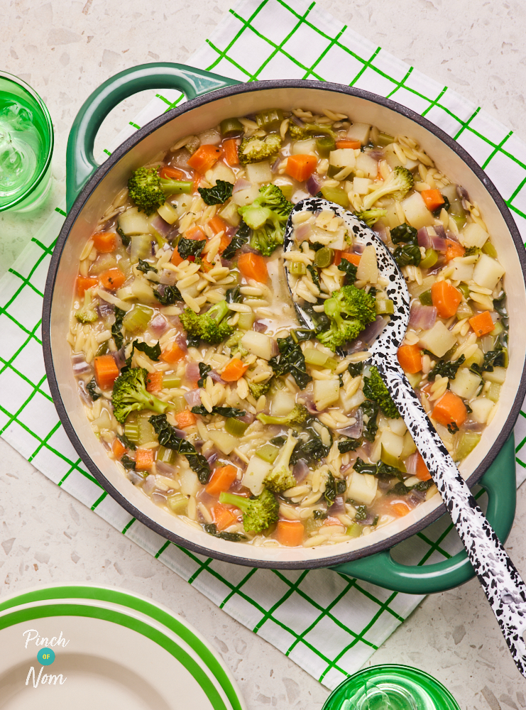 Pinch of Nom's Vegetable Stew with Orzo is served in a round green casserole dish. The dish is set on a green and white chequered place mat, and a large serving spoon rests in the stew, ready to serve.