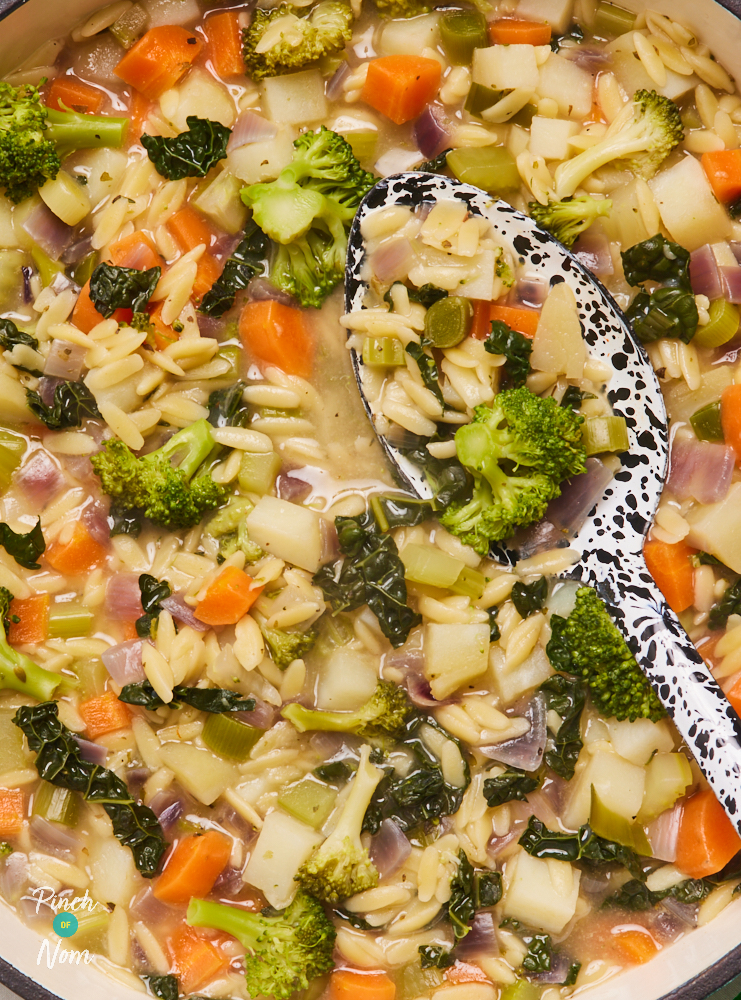 A close-up shows Pinch of Nom's Vegetable Stew with Orzo, ready to be served. A serving spoon with a speckled pattern is resting in the stew, waiting to dish up.