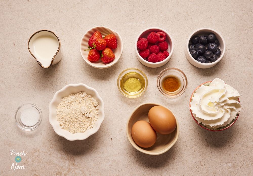 Ingredients for Pinch of Nom Folded Berry Pancake laid out on counter.