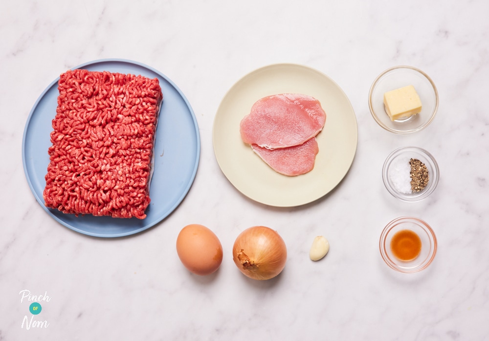 The ingredients for Pinch of Nom's Cheese Stuffed Burgers are laid out on a kitchen surface, measured and ready to begin cooking.