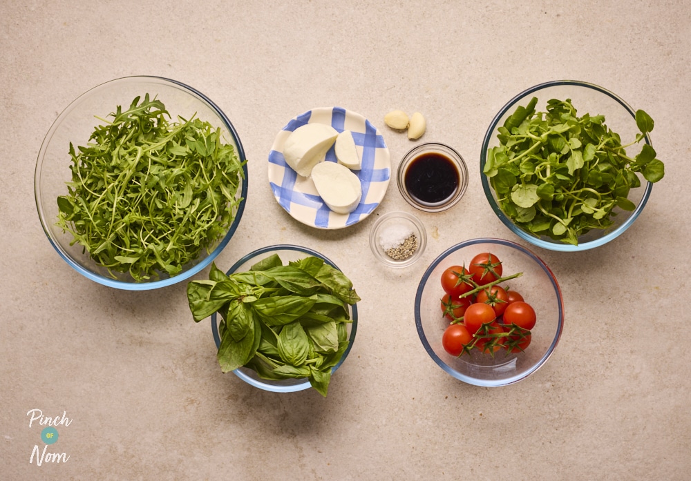Ingredients for Pinch of Nom Tomato, Basil and Mozzarella Salad laid out on counter.