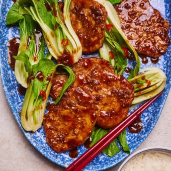 Pinch of Nom's slimming-friendly Sticky Chinese-Style BBQ Pork is served on a blue speckled plate, coated in the juicy glaze over a bed of pak choi. Chopsticks wait to tuck in.