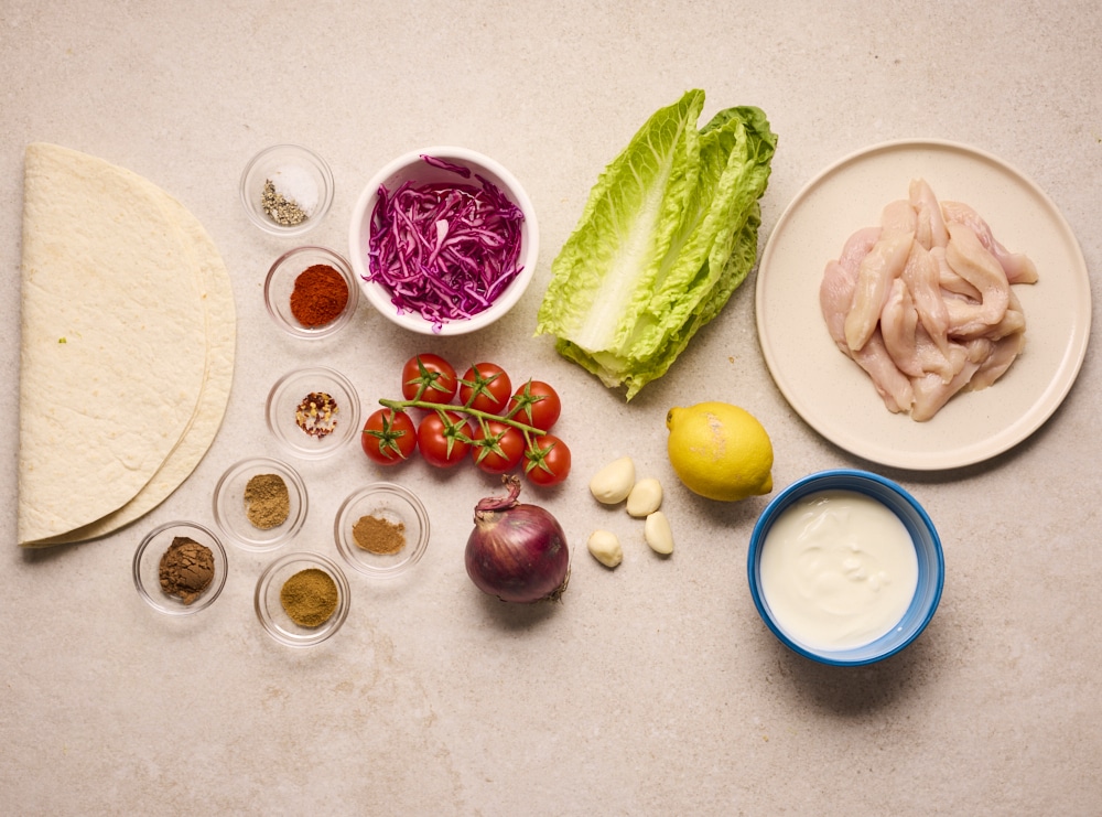Ingredients for Pinch of Nom Chicken Shawarma on counter.