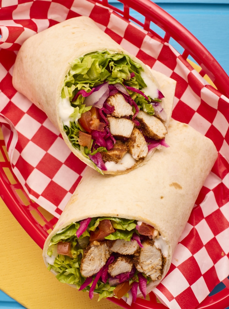 Pinch of Nom Chicken Shawarma, served in wraps with fresh, crisp salad.