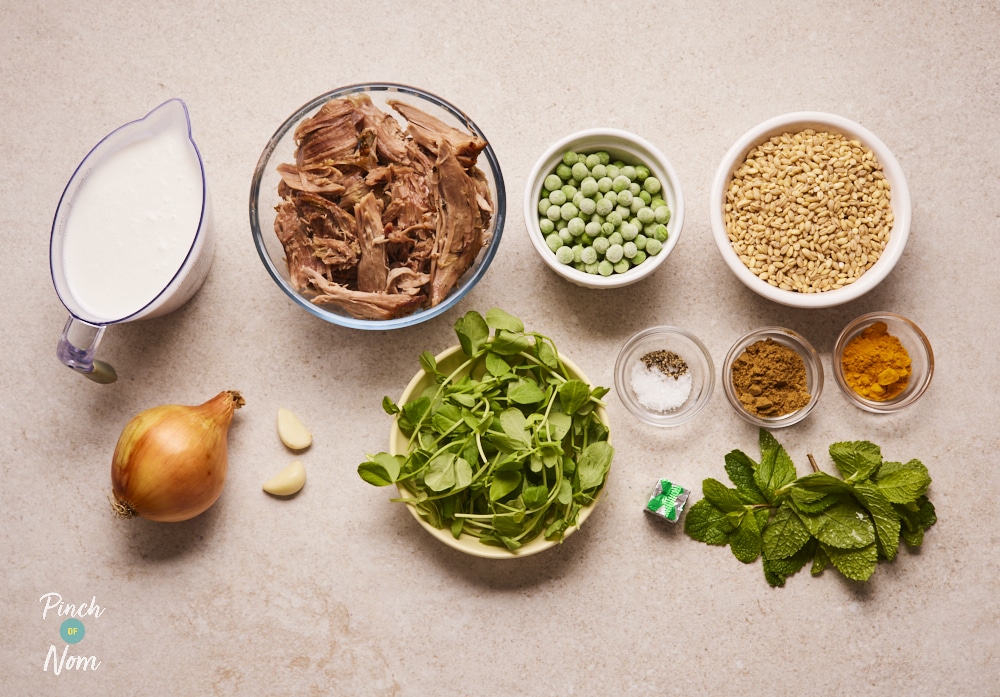 Ingredients for Pinch of Nom Lamb and Pearl Barley Risotto laid out on counter.