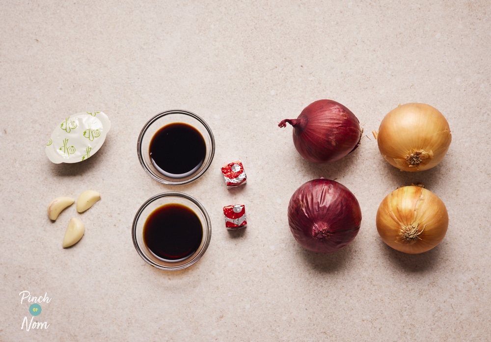 Ingredients for Pinch of Nom French Onion Soup laid out on counter.