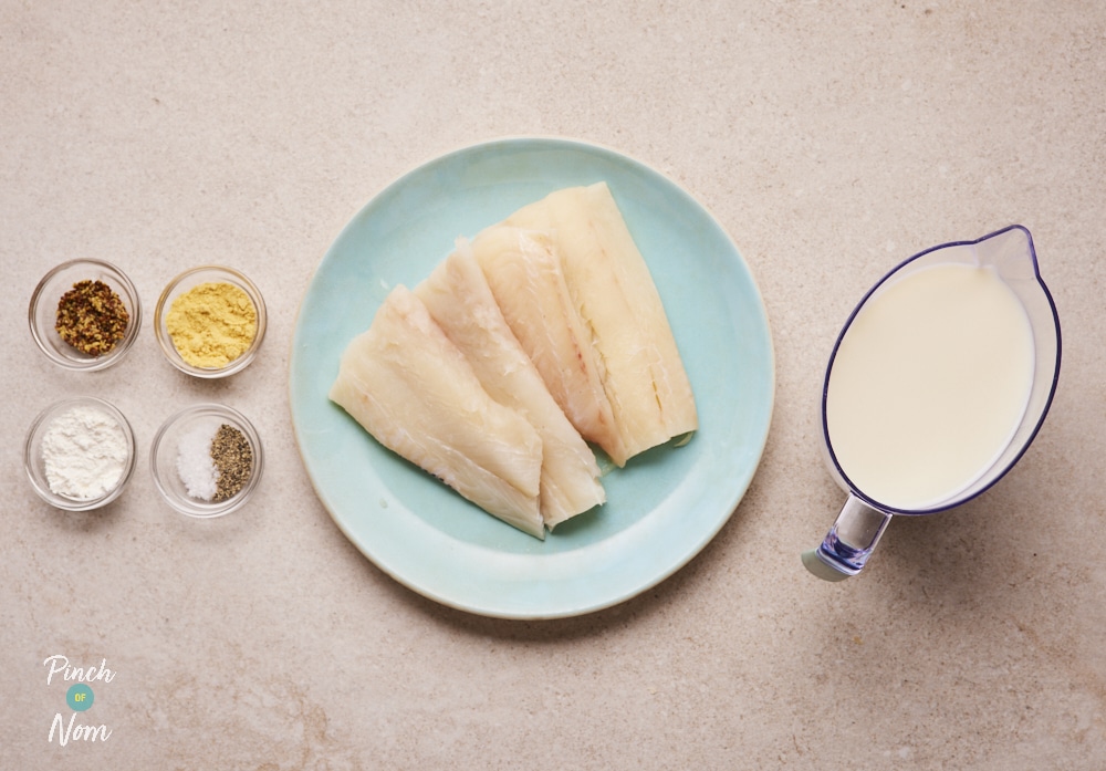 Ingredients for Pinch of Nom Smoked Haddock and Creamy Mustard Sauce laid out on counter.