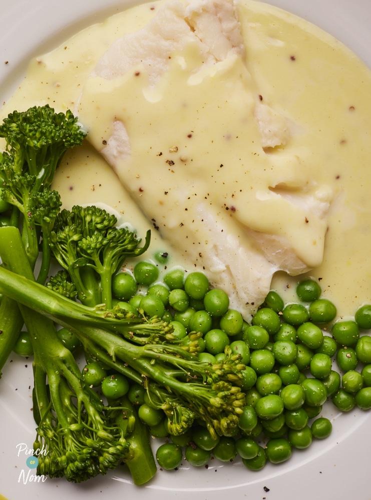 Pinch of Nom Smoked Haddock and Creamy Mustard Sauce, served with steamed vegetables.