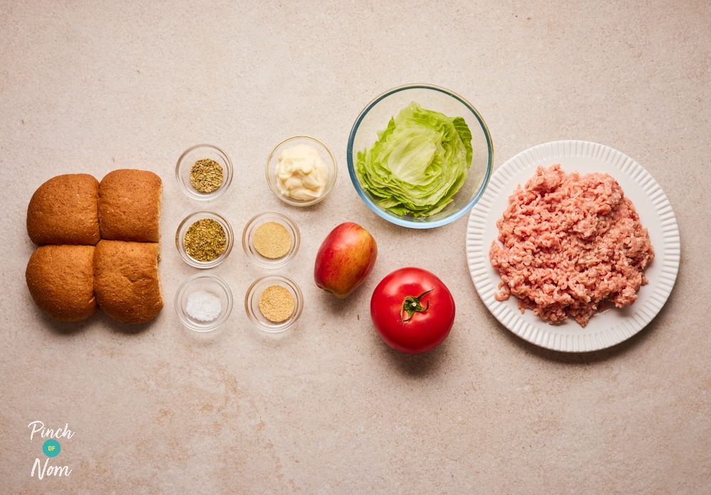 Ingredients for Pinch of Nom Pork and Apple Burgers laid out on counter.