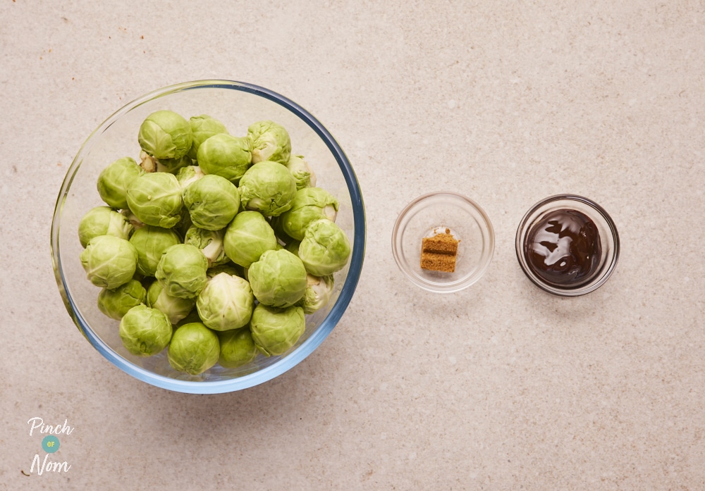 Ingredients for Marmite Sprouts laid out on counter.