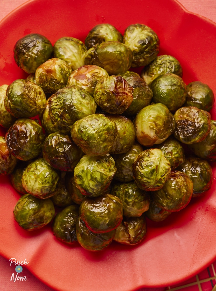 Marmite Sprouts fresh out of the oven, ready for serving.