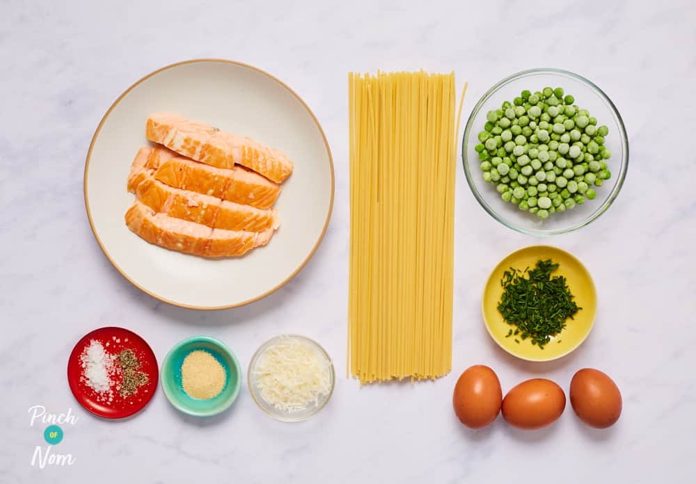 Smoked Salmon Spaghetti Carbonara - Pinch of Nom Slimming Recipes