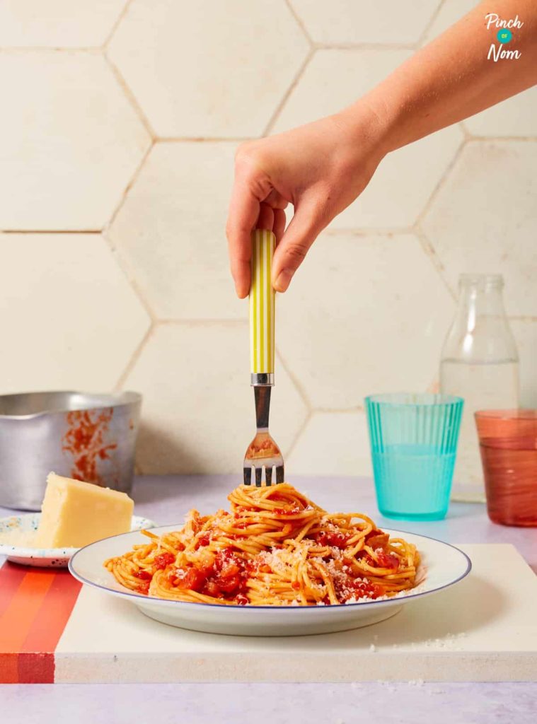 Spaghetti Amatriciana - Pinch of Nom Slimming Recipes