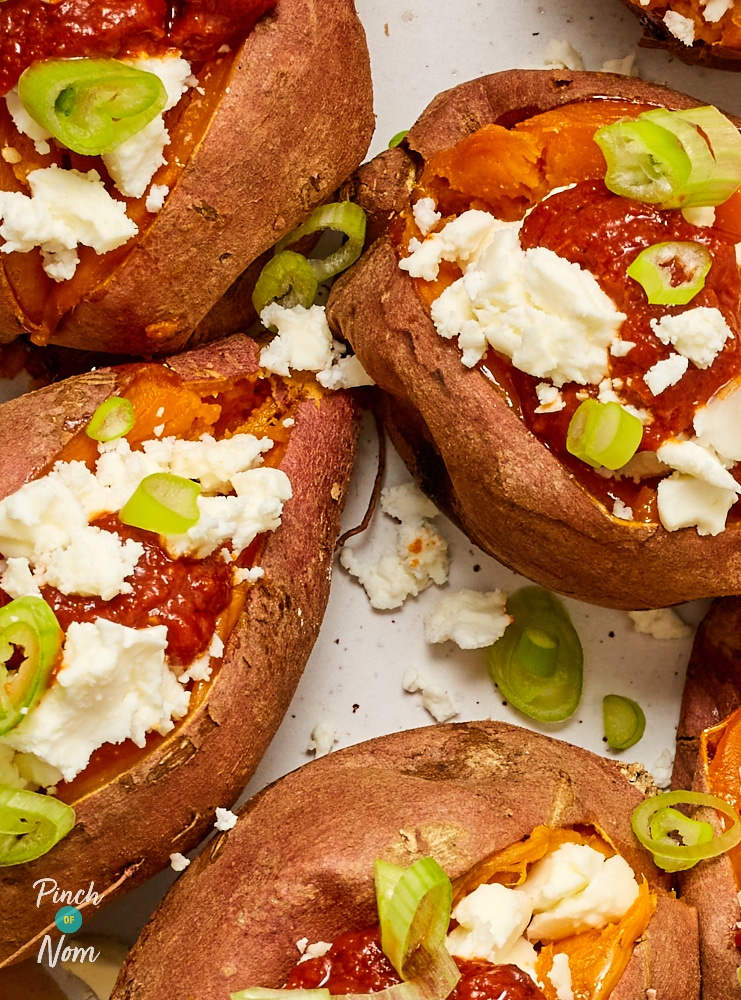 Sweet Potatoes with Feta and Harissa - Pinch of Nom Slimming Recipes