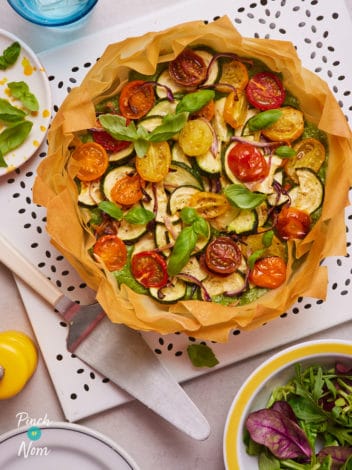 Roasted Vegetable and Pesto Tart pinchofnom.com