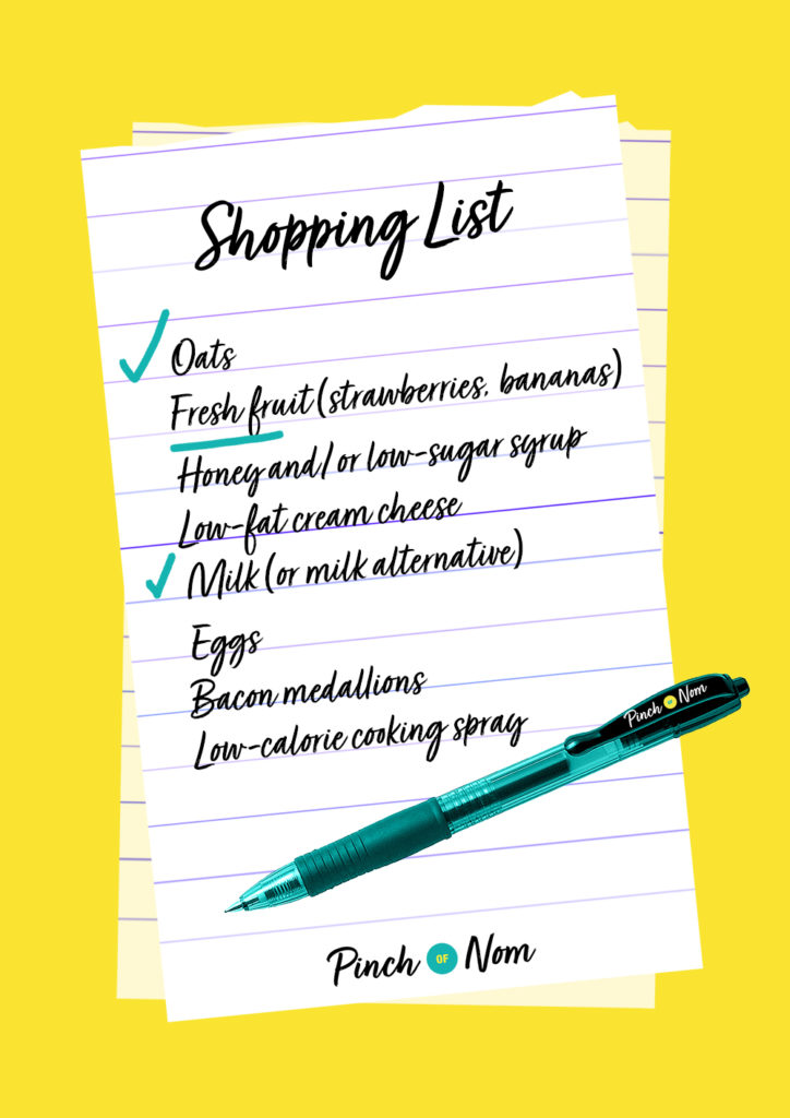 An illustrated shopping list of key slimming-friendly ingredients to buy on Pancake Day.