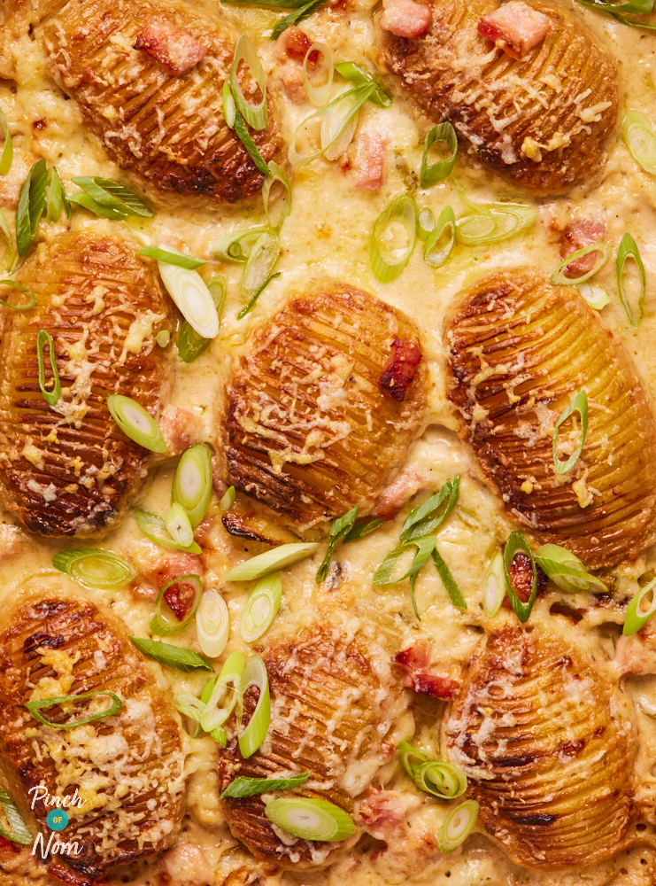 Hasselback Potato and Bacon Bake - Pinch of Nom Slimming Recipes
