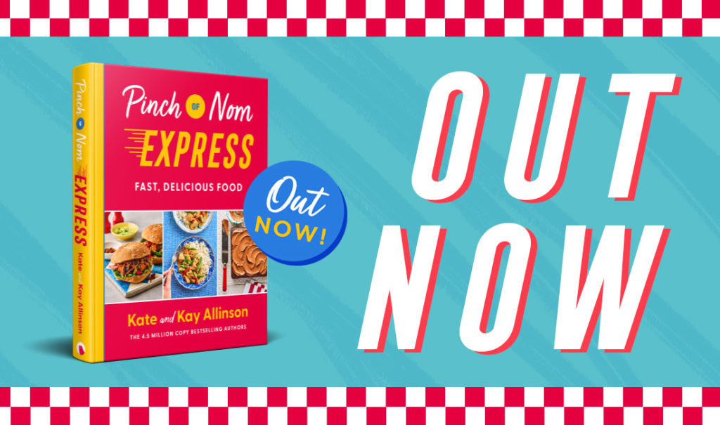 A banner image of Pinch of Nom's latest cookbook, Pinch of Nom: Express. The book is to the left with a large circular 'out now!' shout out. There are large bold letters to the right saying OUT NOW. The image is bordered with a red and white, race track inspired chequered flag pattern.