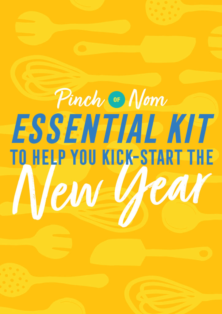 An illustration of light yellow cooking utensils on a darker yellow background. The words 'Essential Kit to Help you Kick-Start the New Year' are overlaid in large print, below the Pinch of Nom logo. 