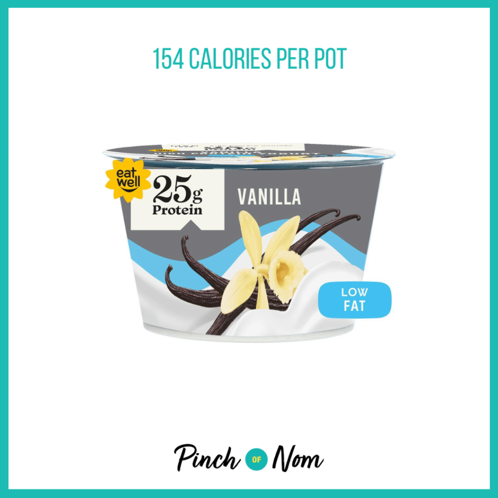 Ocado's Vanilla High Protein Yogurt, featured in Pinch of Nom's Weekly Pinch of Shopping with the Calories above (154 calories per pot).
