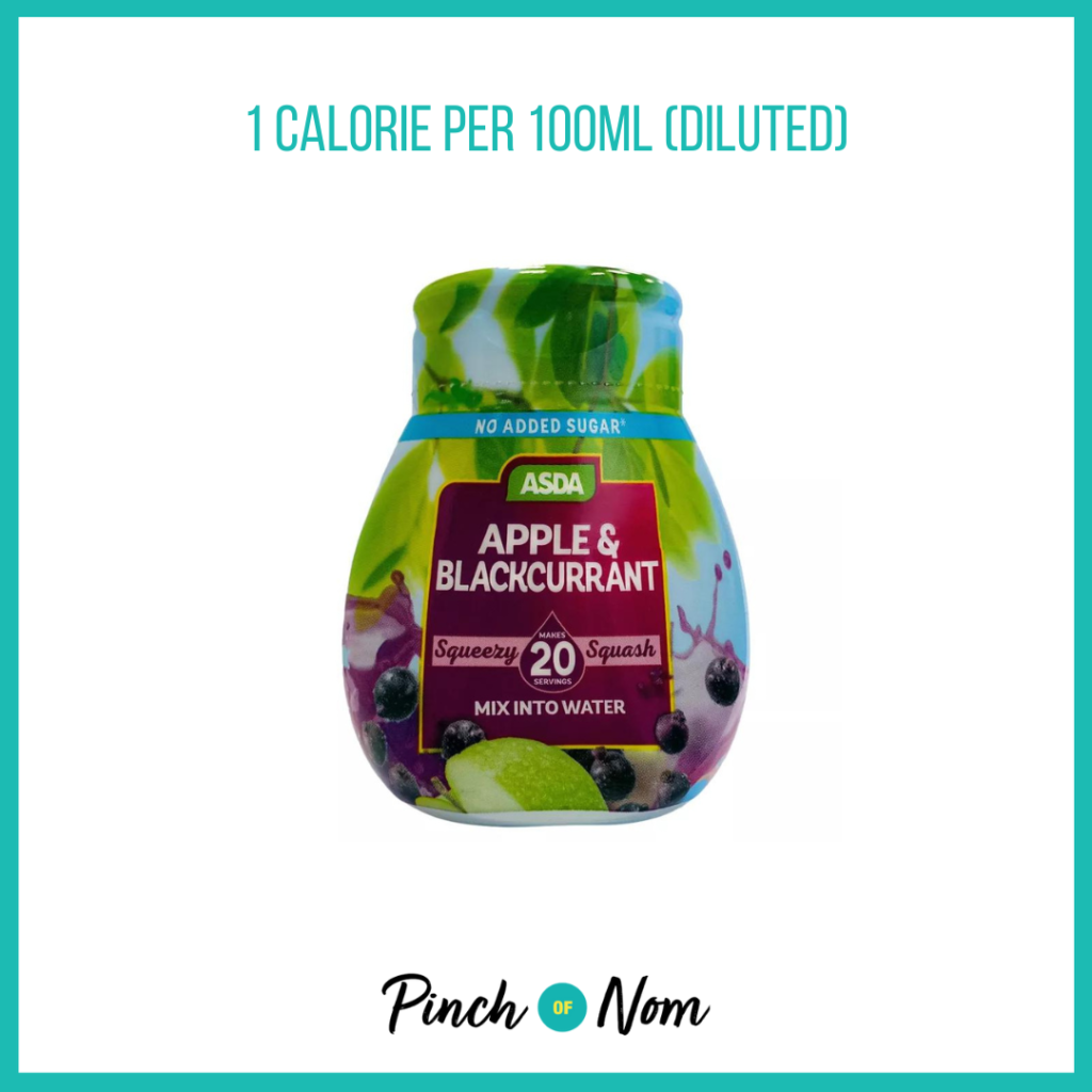 A bottle of ASDA apple and blackcurrant squeezy squash, featured in the Weekly Pinch of Shopping with the calories listed above it (1 calorie per 100ml - diluted).