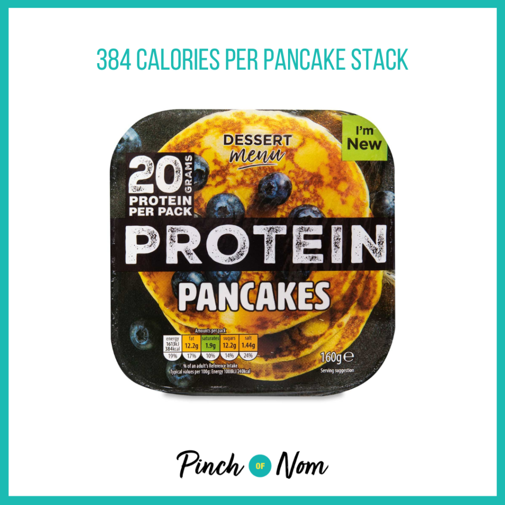 A square packet of Aldi's dessert menu protein pancakes with a photograph of a pancake on the front, featured in the Weekly Pinch of Shopping with the calories listed above it (384 calories per pancake stack).