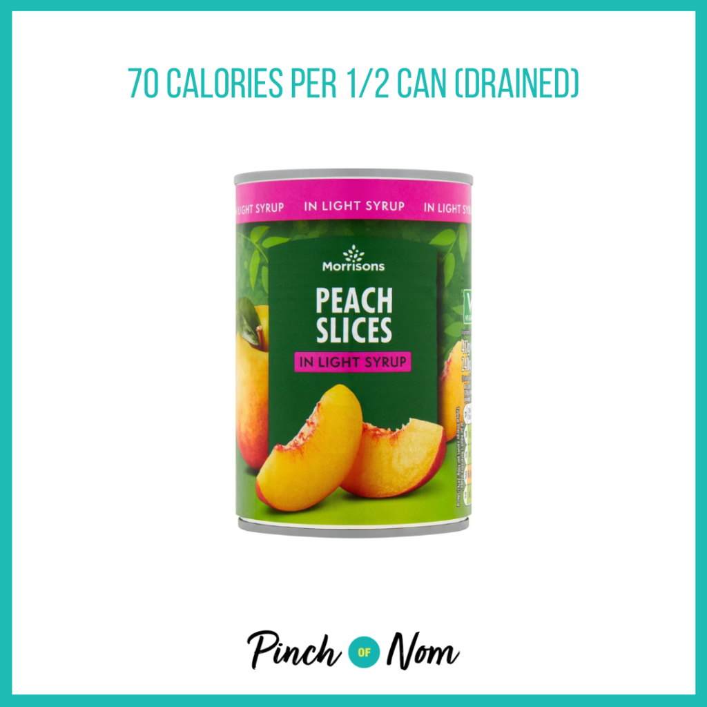 A can of Morrisons' light tinned peach slices, featured in the Weekly Pinch of Shopping with the calories listed above it (70 calories per 1/2 can - drained).