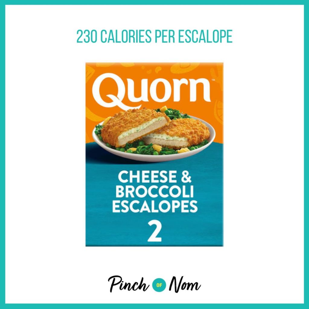 Quorn Cheese & Broccoli Escalopes, featured in Pinch of Nom's Weekly Pinch of Shopping with the calorie count printed above (230 calories per escalope).