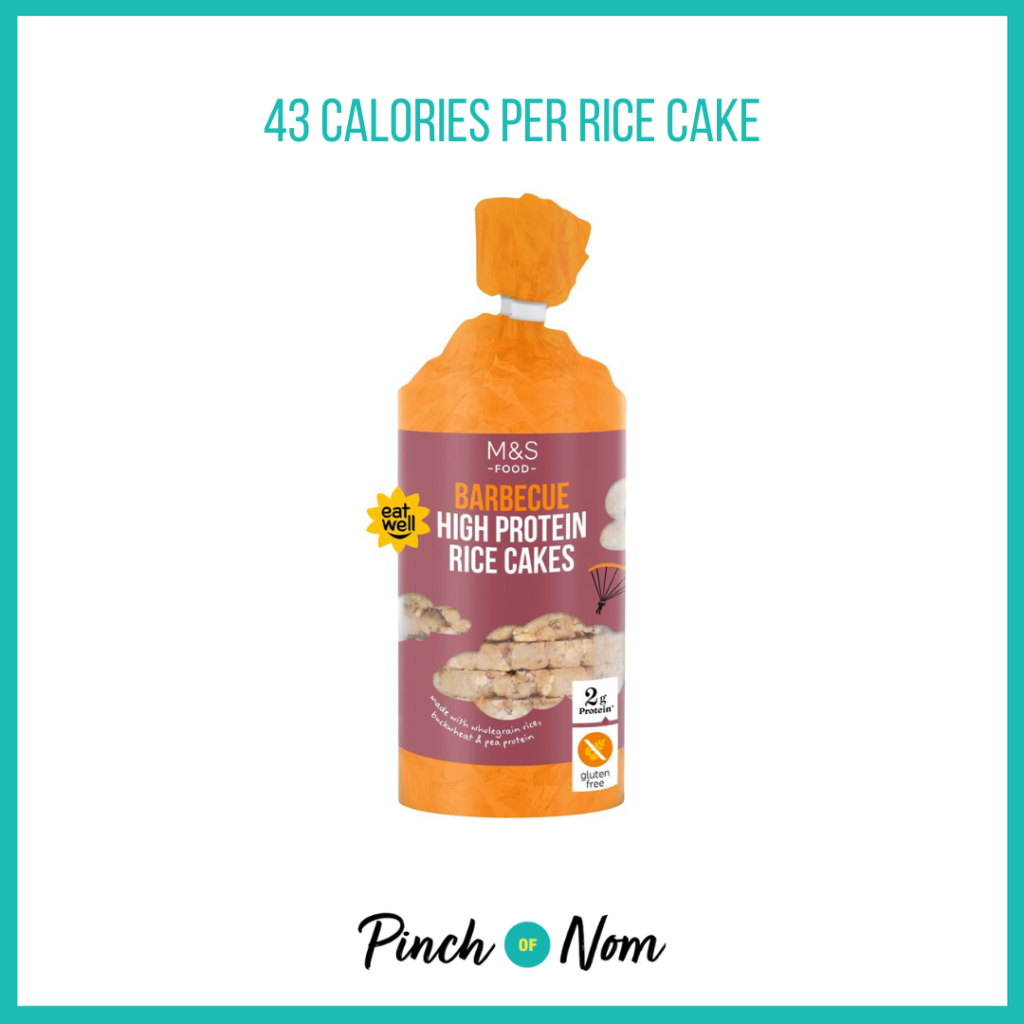 A bright orange packet of M&S barbecue high protein rice cakes, featured in the Weekly Pinch of Shopping with the calories listed above it (43 calories per rice cake).