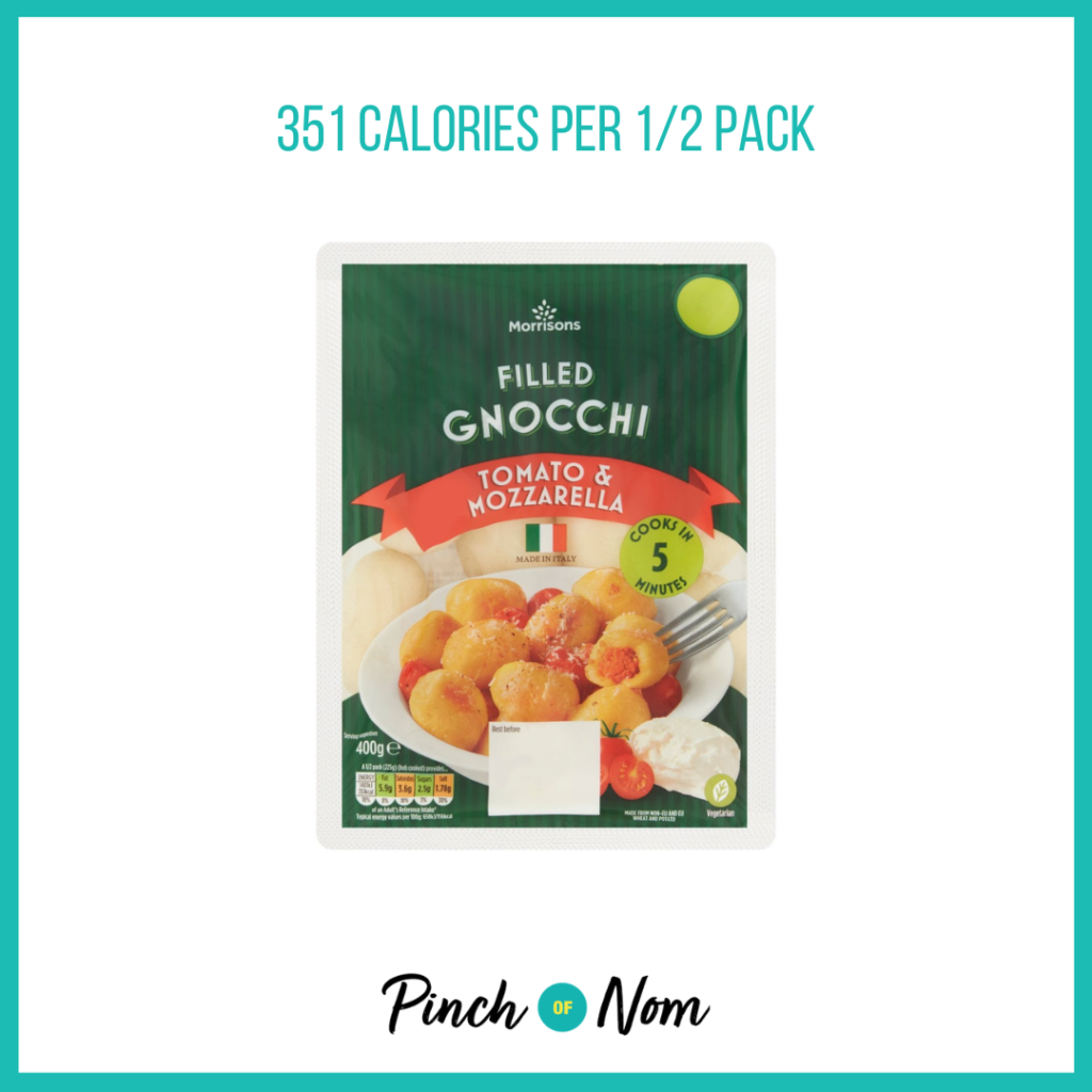 A green and red packet of Morrisons' filled tomato and mozzarella gnocchi, featured in the Weekly Pinch of Shopping with the calories listed above it (351 calories per 1/2 pack).