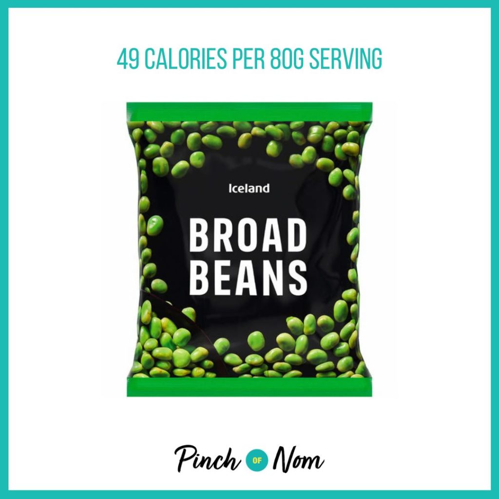 Iceland Broad Beans, featured in Pinch of Nom's Weekly Pinch of Shopping with the calorie count printed above (49 calories per 80g serving).