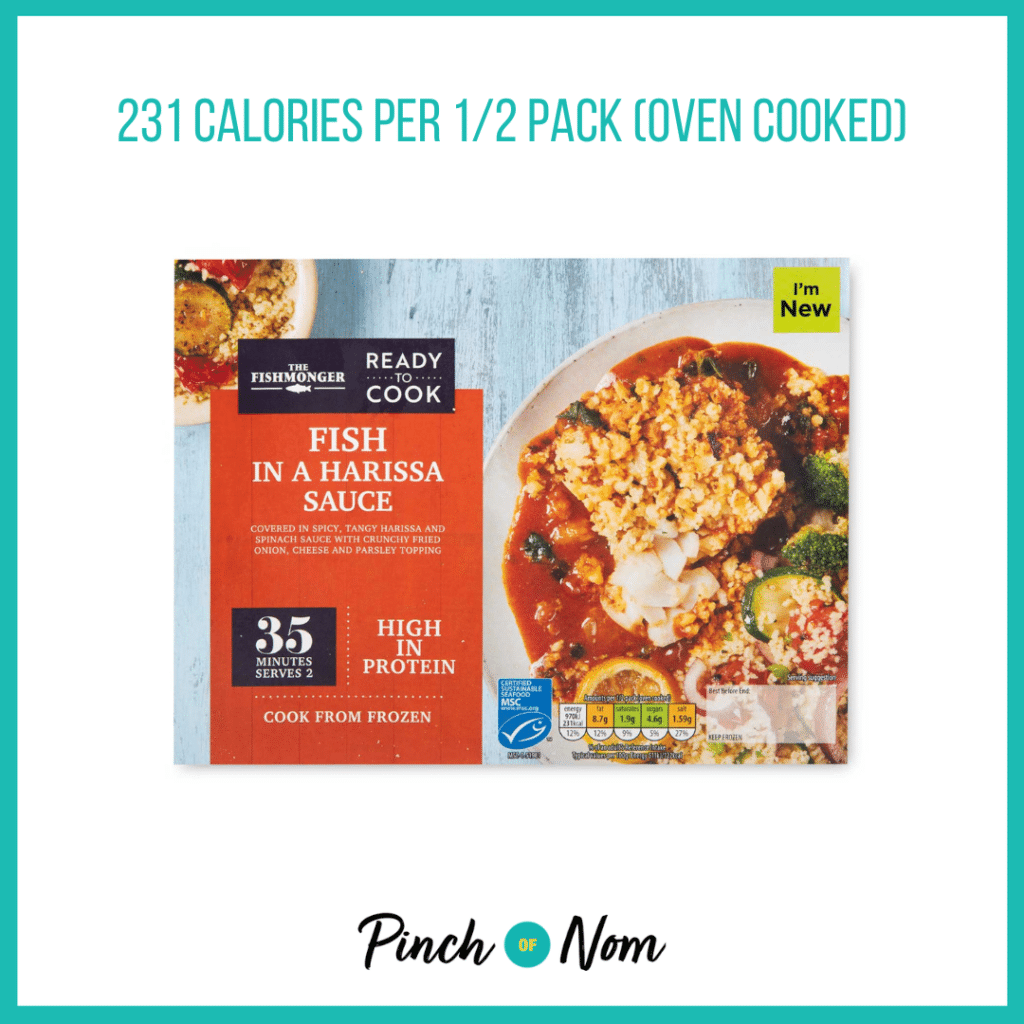 Aldi's The Fishmonger Skinless & Boneless Pollock Fillets In A Harissa Sauce, featured in Pinch of Nom's Weekly Pinch of Shopping with the Calories above (231 calories per 1/2 pack oven cooked).